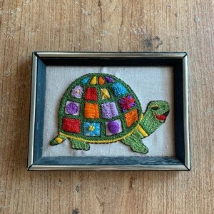 Vintage Cross Stitch Embroidered Turtle Frame